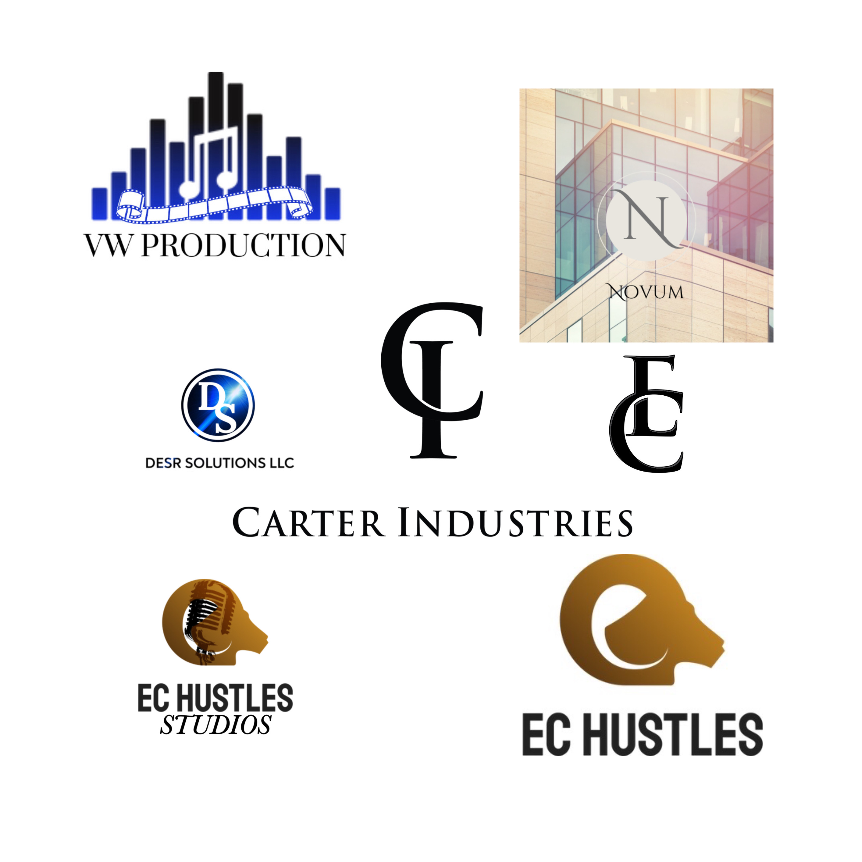 Logo portfolio — VW Production, Novum, DESR Solutions LLC, Carter Industries, EC Hustles Studios, EC Hustles brand marks