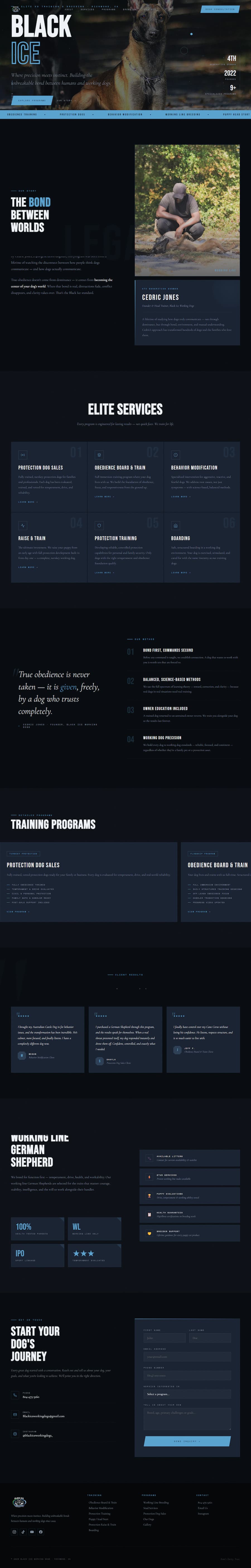 Black Ice Working Dogs website screenshot, elite K9 training and protection dog sales, Richmond VA