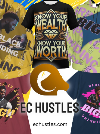 EC Hustles merchandise collection — Know Your Wealth Know Your Worth tee, BIG!! and Black Innovation Grinding apparel on echustles.com